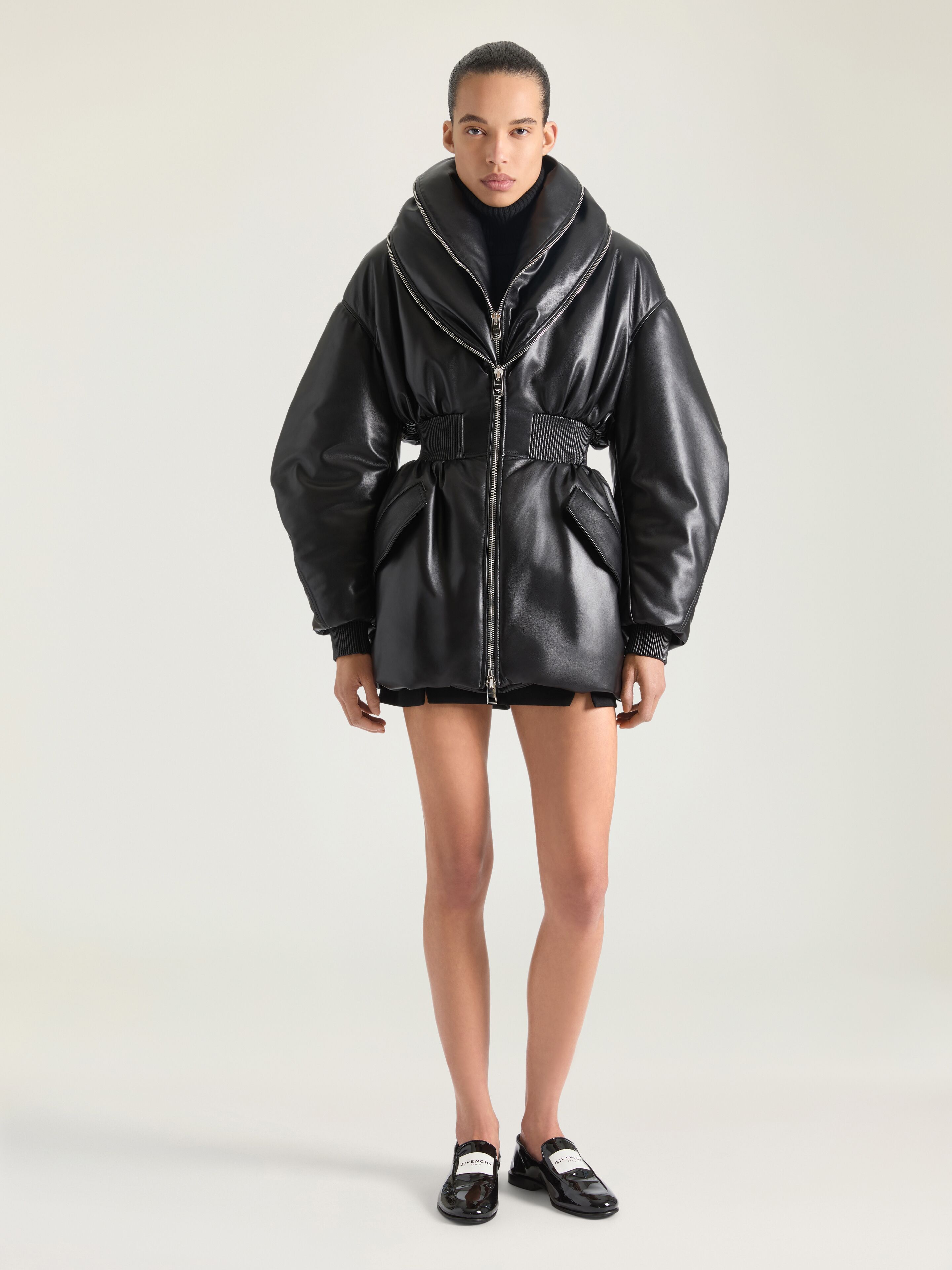 Hourglass bomber with zipped shawl collar in leather